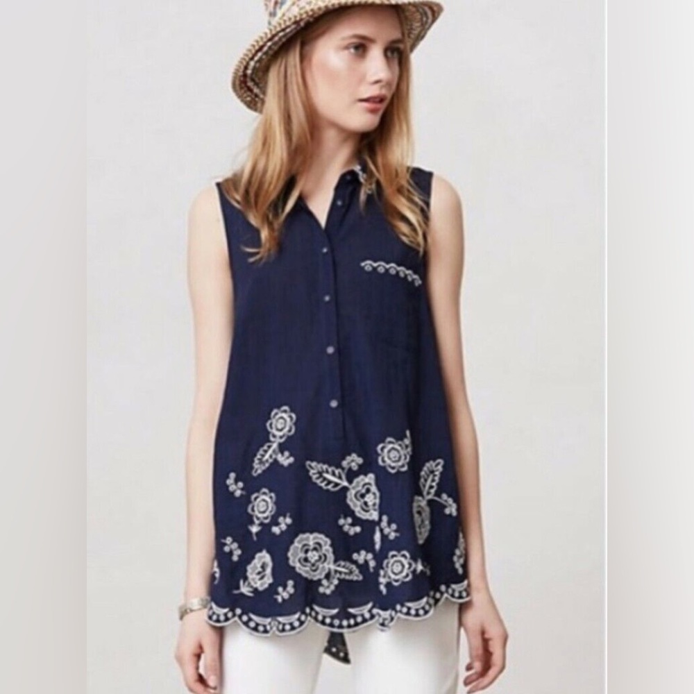 Moulinette Soeurs for Anthropologie Navy Blue Embroidered Sleeveless Blouse